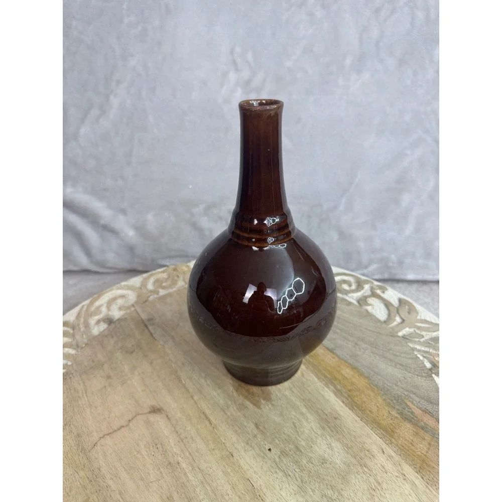 Vintage Brown Glossy Ceramic Bud Vase Bulbous Slender Neck MCM Home Decor 8in‎